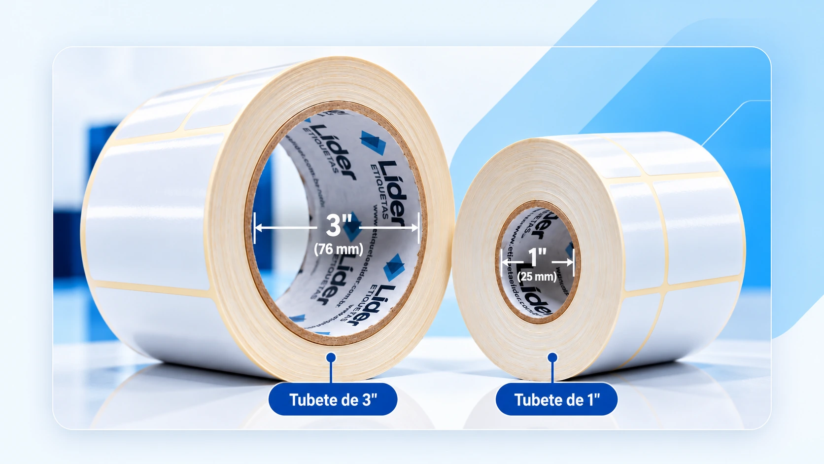 Comparação de rolos com tubetes de 3 polegadas (76 mm), à esquerda, e 1 polegada (25 mm), à direita, ambos com impressão da Líder na parede interna do tubete